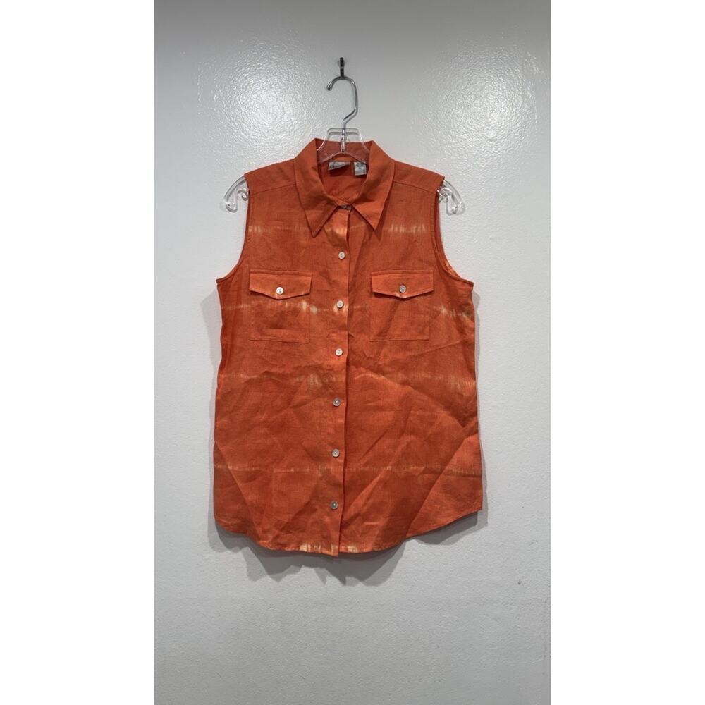 Chico’s Orange Linen Top Women’s Size 1 Tie Dye Sleeveless Button Up Shirt Boho